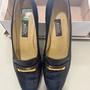 Bally Women's Dark Navy Leather Loafers with Gold Bar